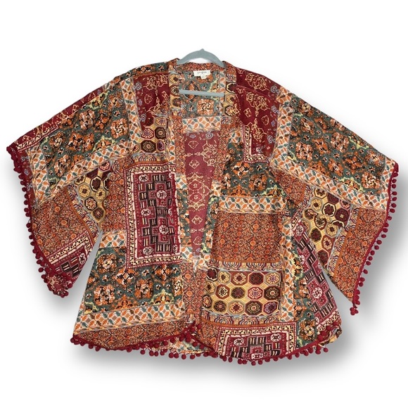 UMGEE Boho Patchwork Kimono with Pom Tassels Oversized Cover Up Top Brown M - Picture 5 of 7